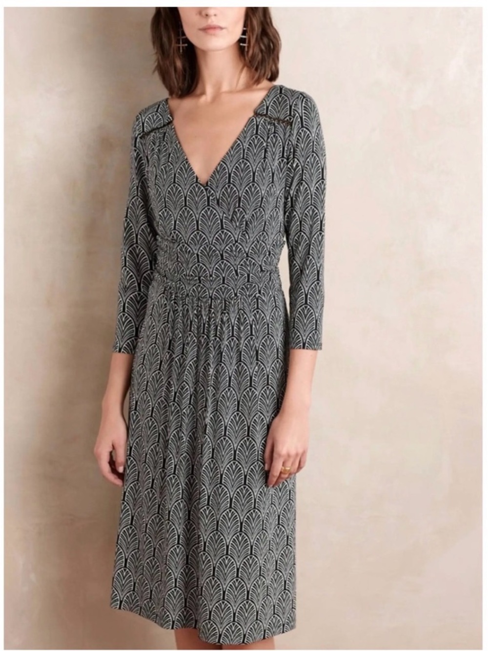 Anthropologie Maeve Black & White V-Neck Printed Midi Dress